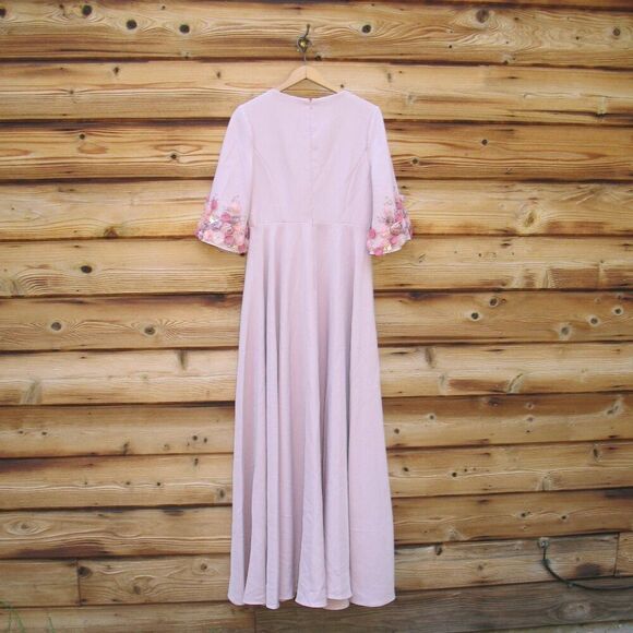 MAC DUGGAL 11854 Pink Crepe 3/4 Sleeve A-line Gown With Flower Trim - Picture 10 of 13